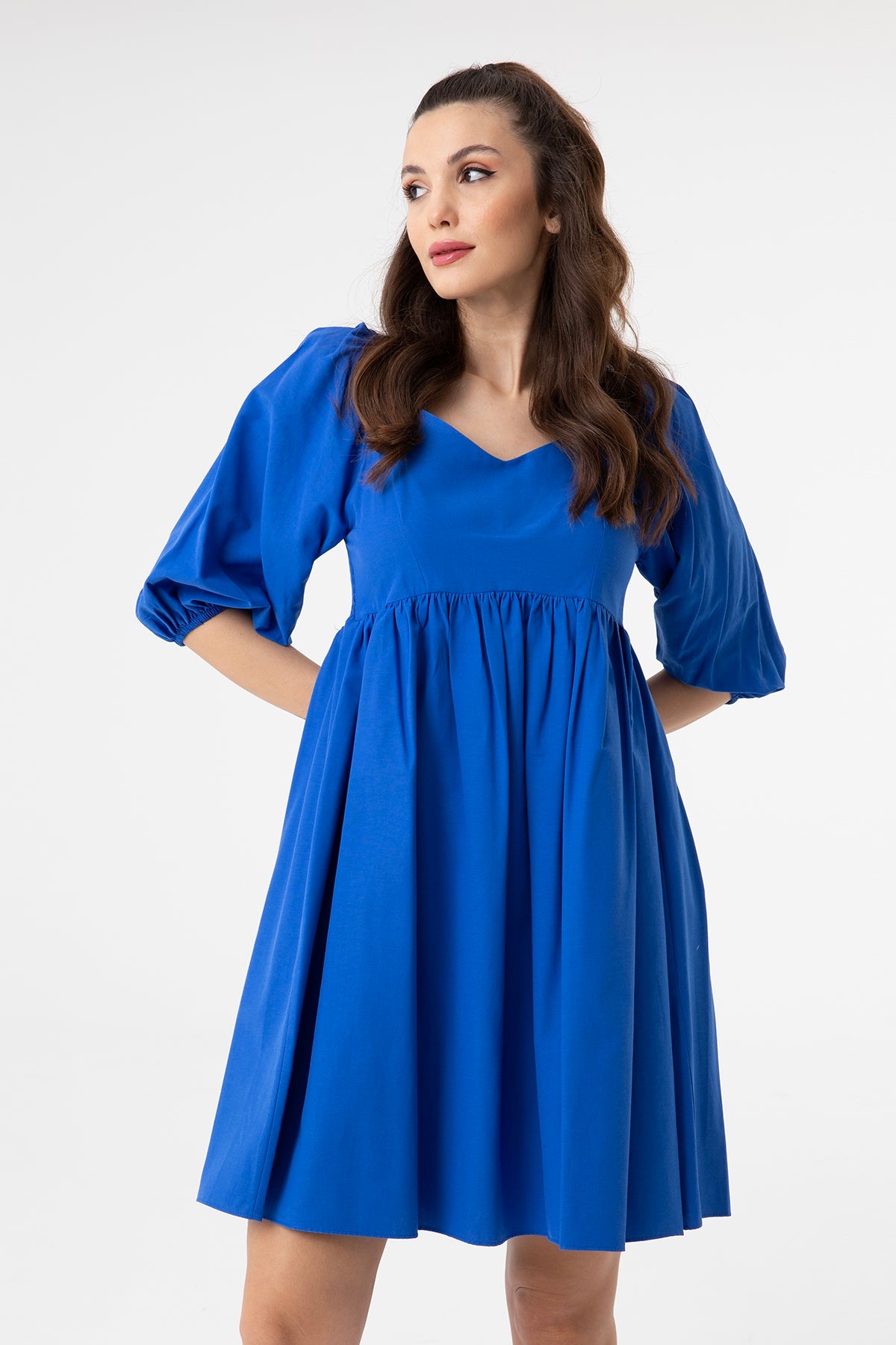 Kadın V Yaka Balon Kol Büzgülü Mini Elbise-31153ELB SAX BLUE