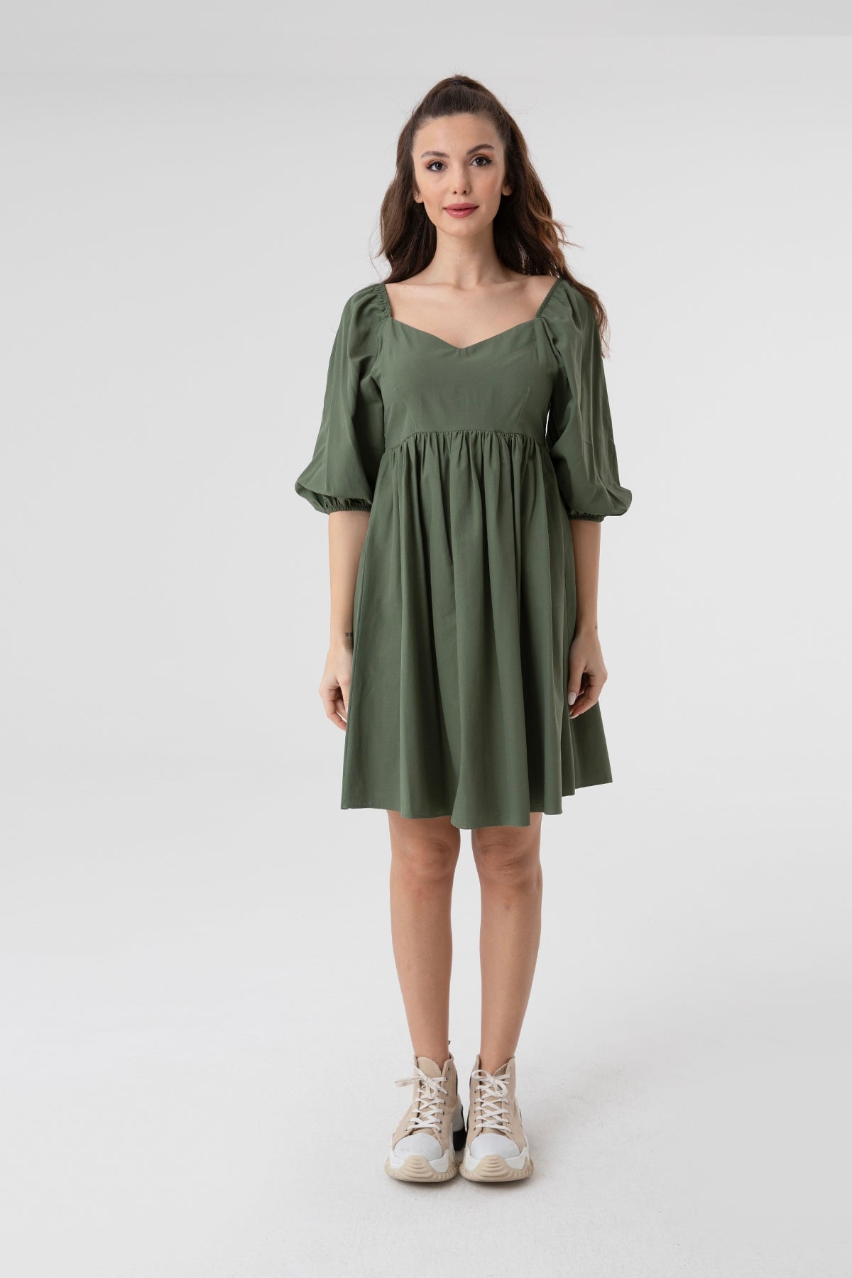 Kadın V Yaka Balon Kol Büzgülü Mini Elbise-31153ELB KHAKI