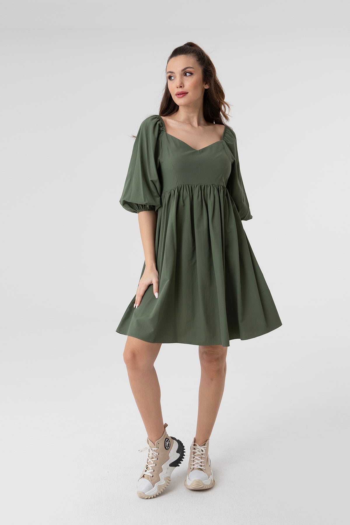 Kadın V Yaka Balon Kol Büzgülü Mini Elbise-31153ELB KHAKI