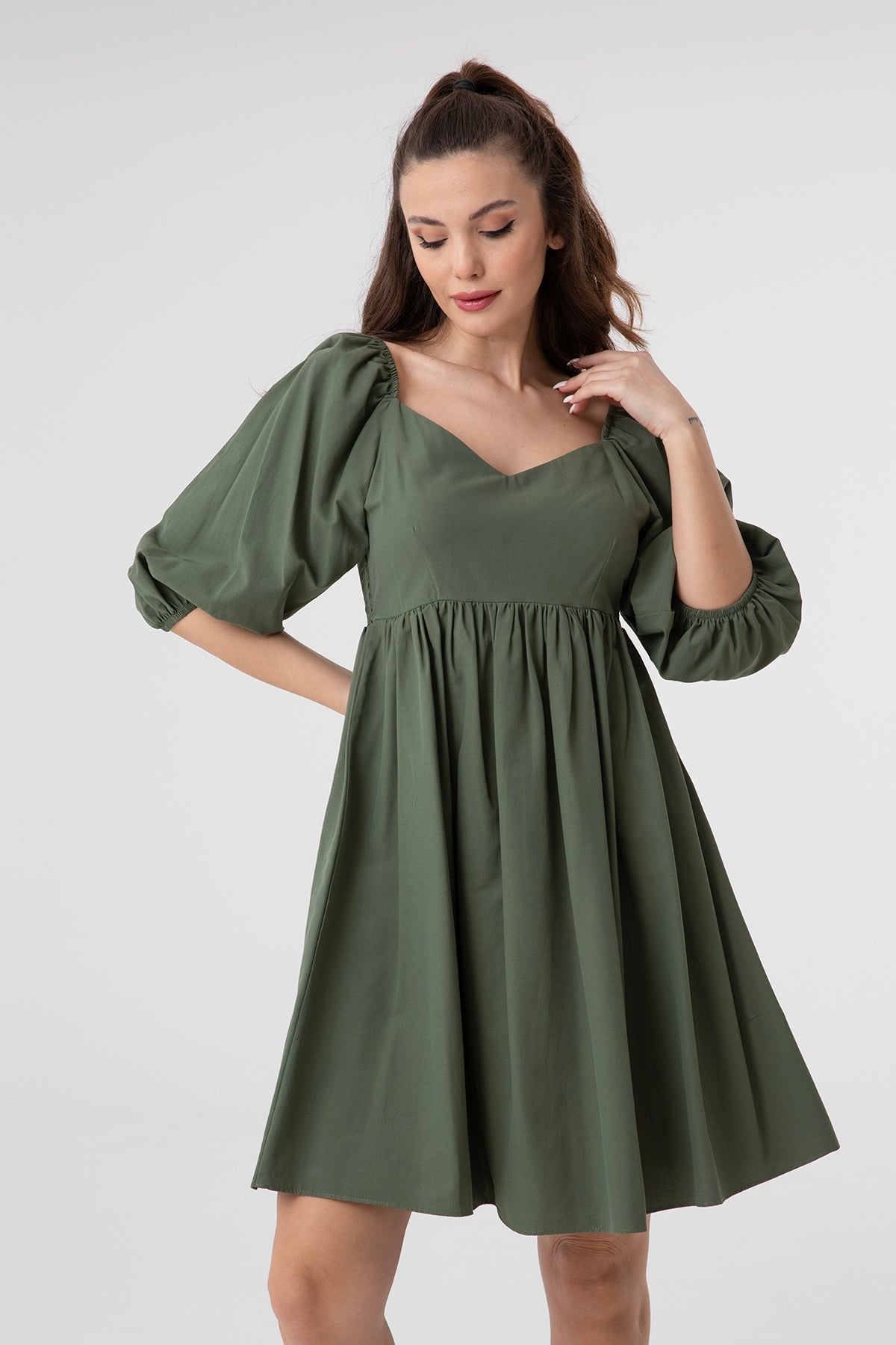 Kadın V Yaka Balon Kol Büzgülü Mini Elbise-31153ELB KHAKI