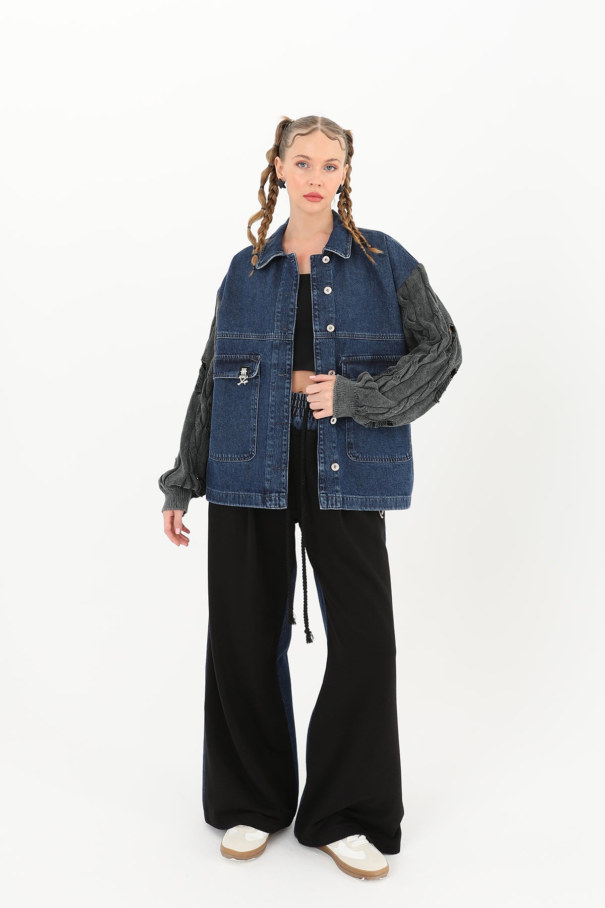 Kadın Triko Kol Detaylı Denim Ceket -32041CKT ANTHRACITE-BLUE