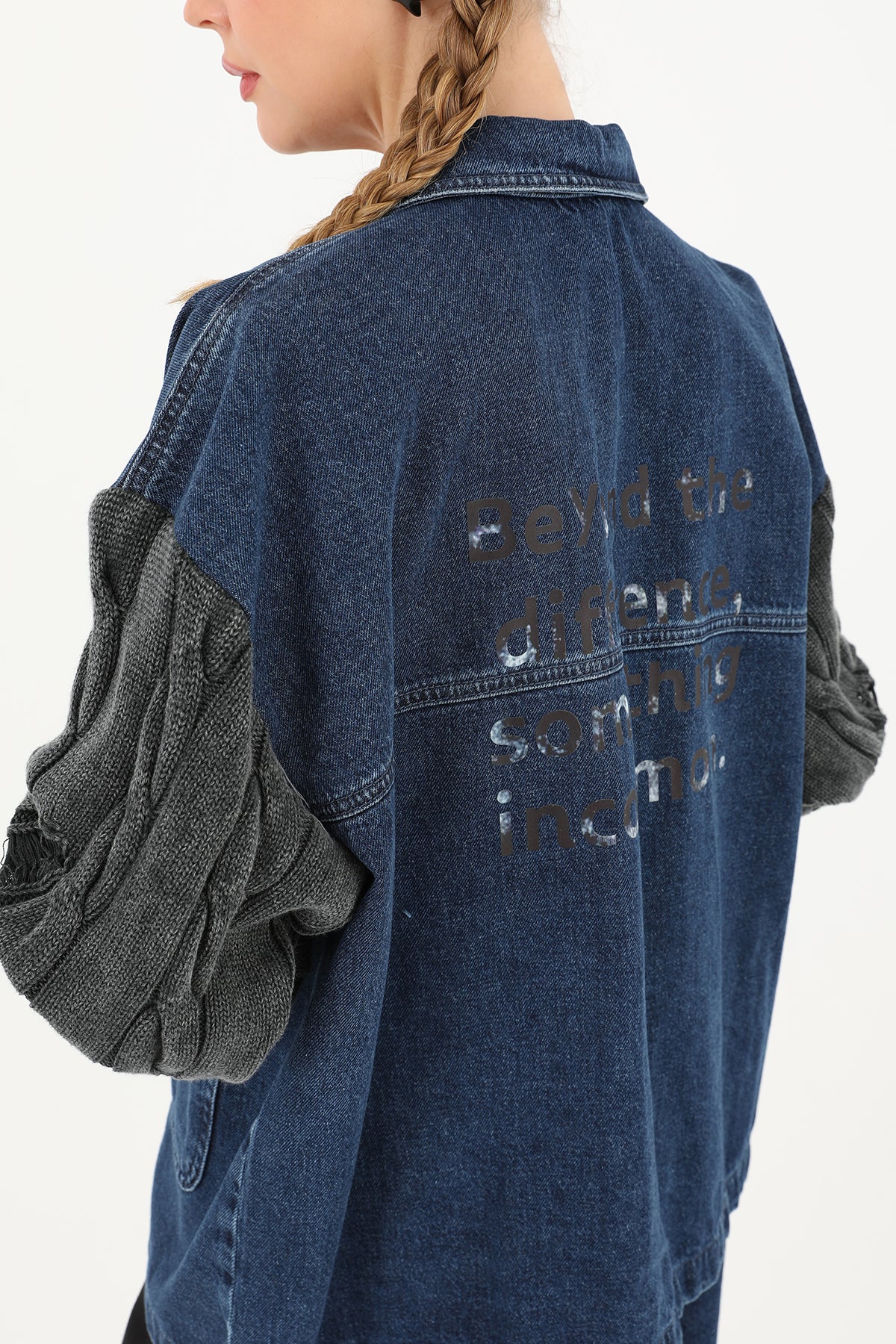 Kadın Triko Kol Detaylı Denim Ceket -32041CKT ANTHRACITE-BLUE