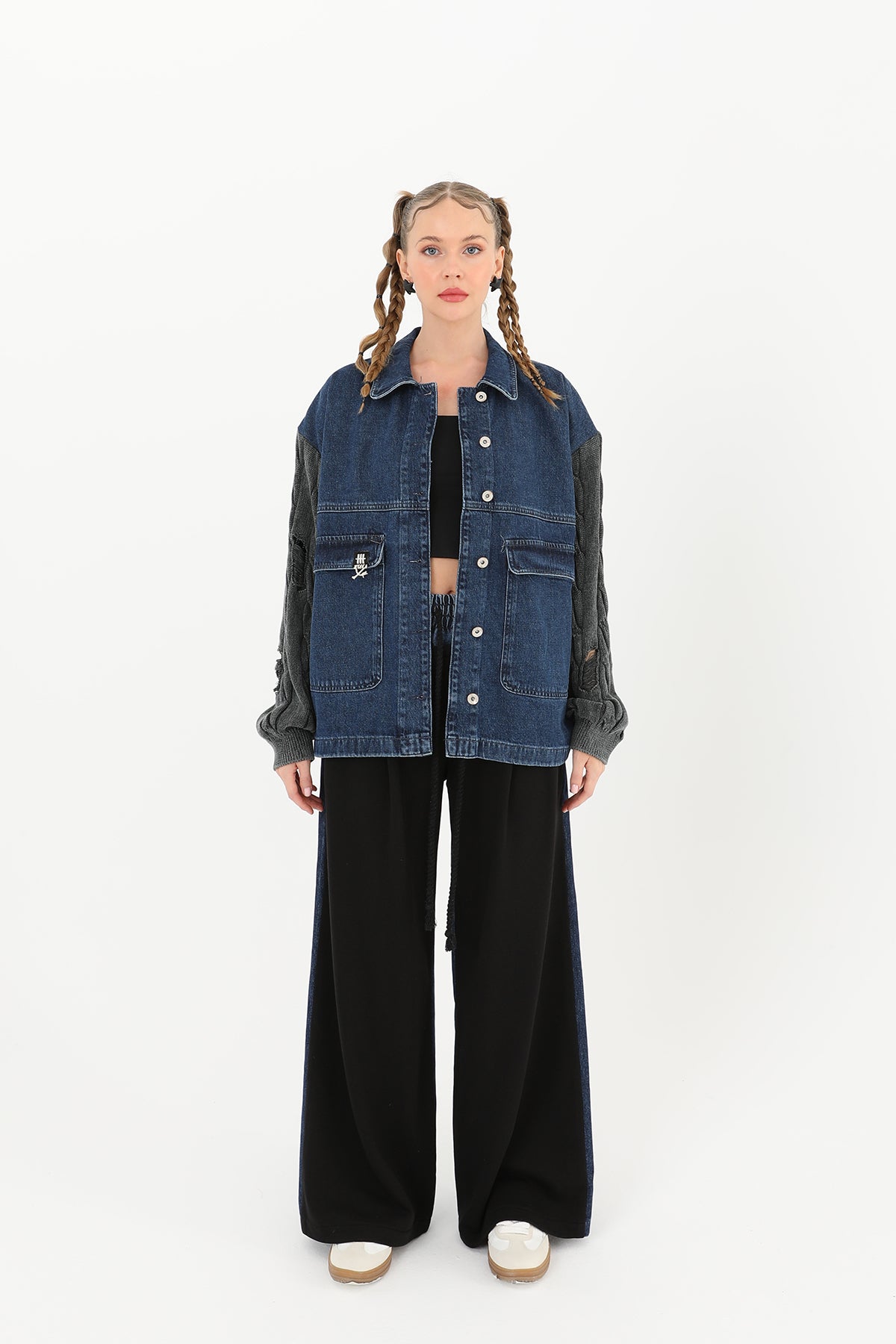 Kadın Triko Kol Detaylı Denim Ceket -32041CKT ANTHRACITE-BLUE