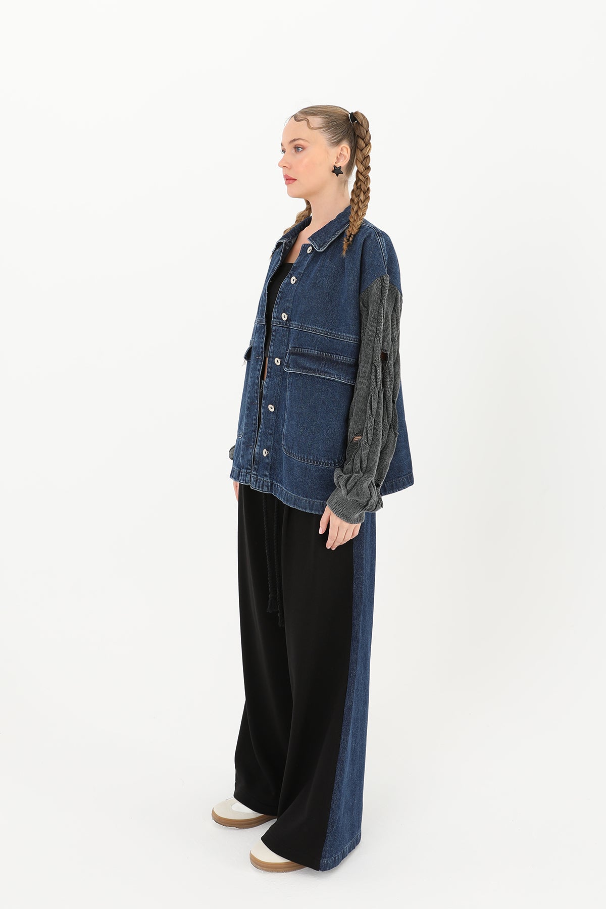 Kadın Triko Kol Detaylı Denim Ceket -32041CKT ANTHRACITE-BLUE