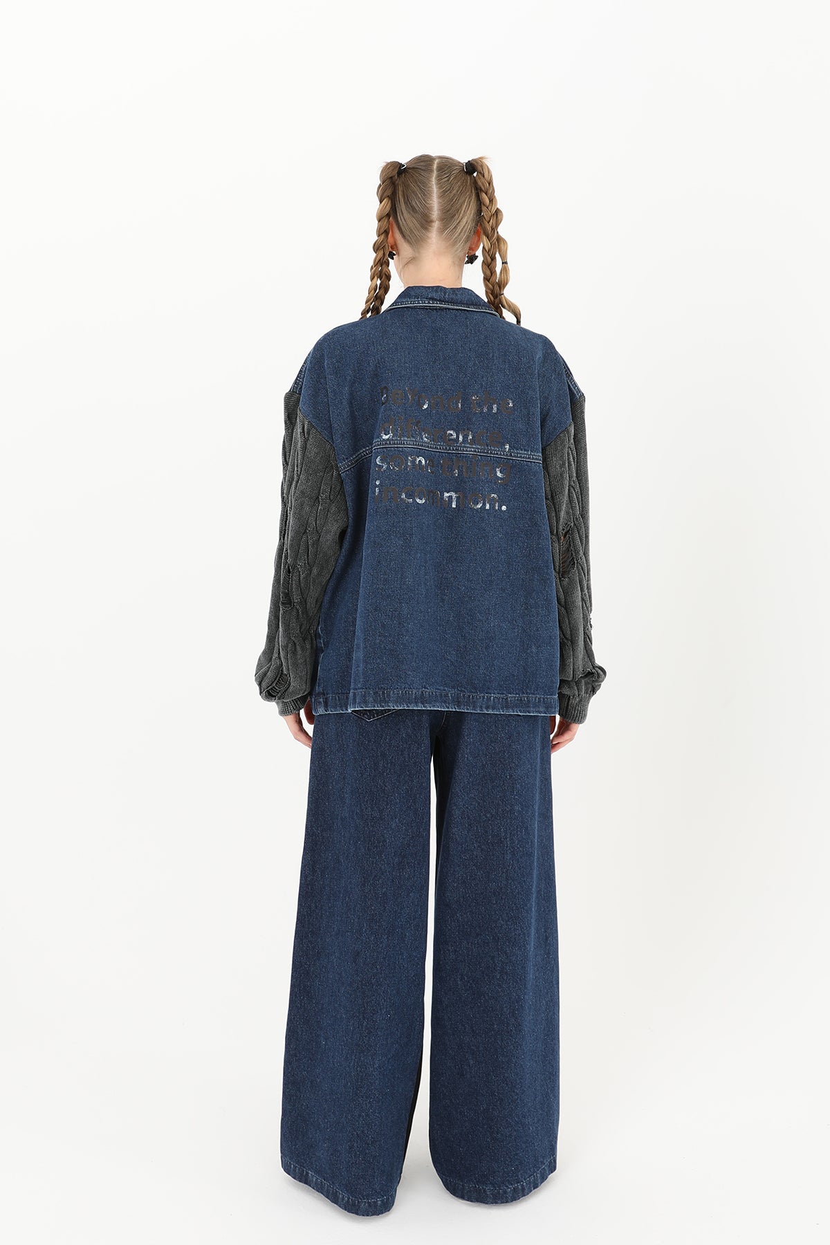 Kadın Triko Kol Detaylı Denim Ceket -32041CKT ANTHRACITE-BLUE