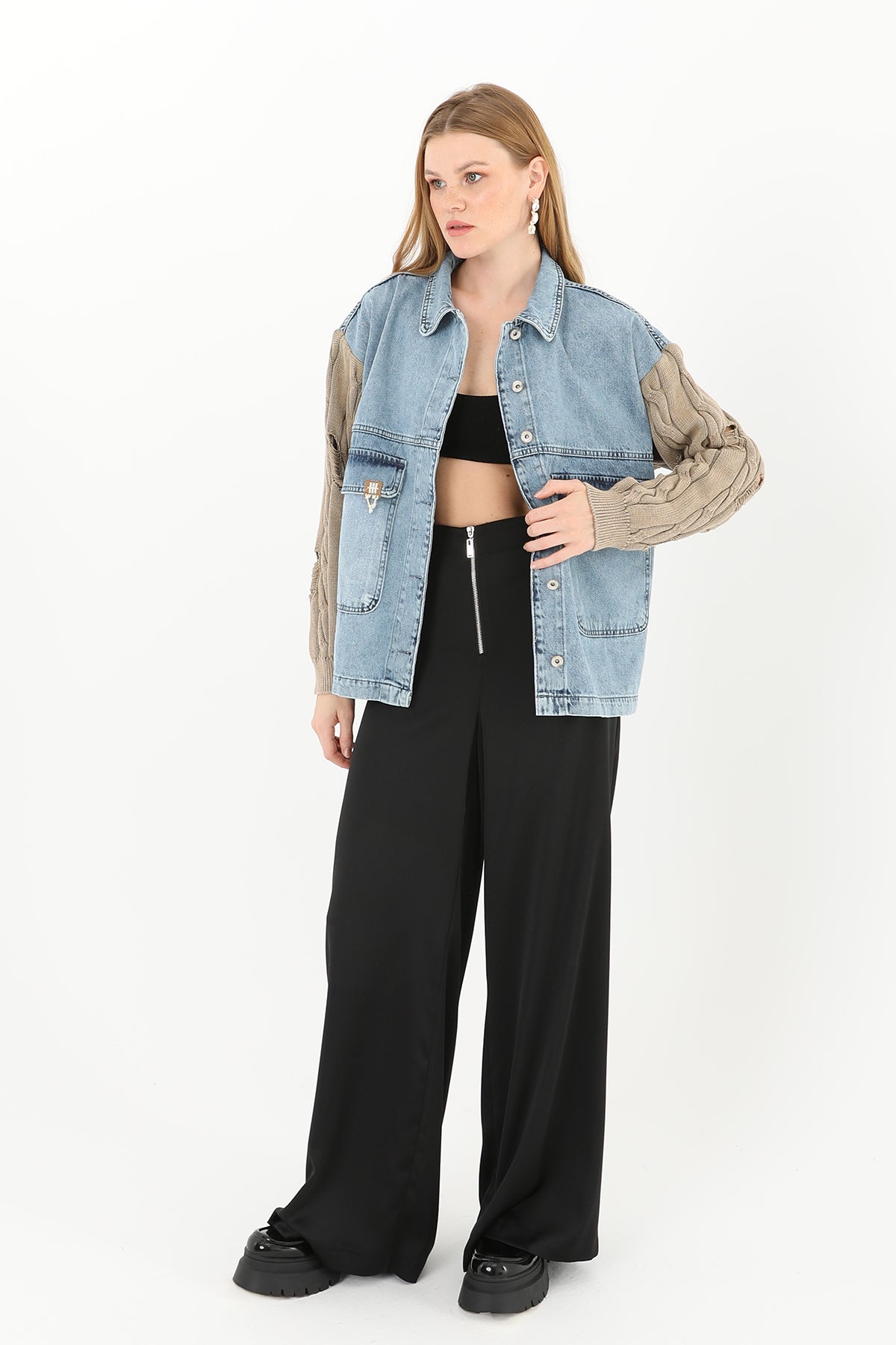 Kadın Triko Kol Detaylı Denim Ceket -32041CKT MINK-LIGHT BLUE