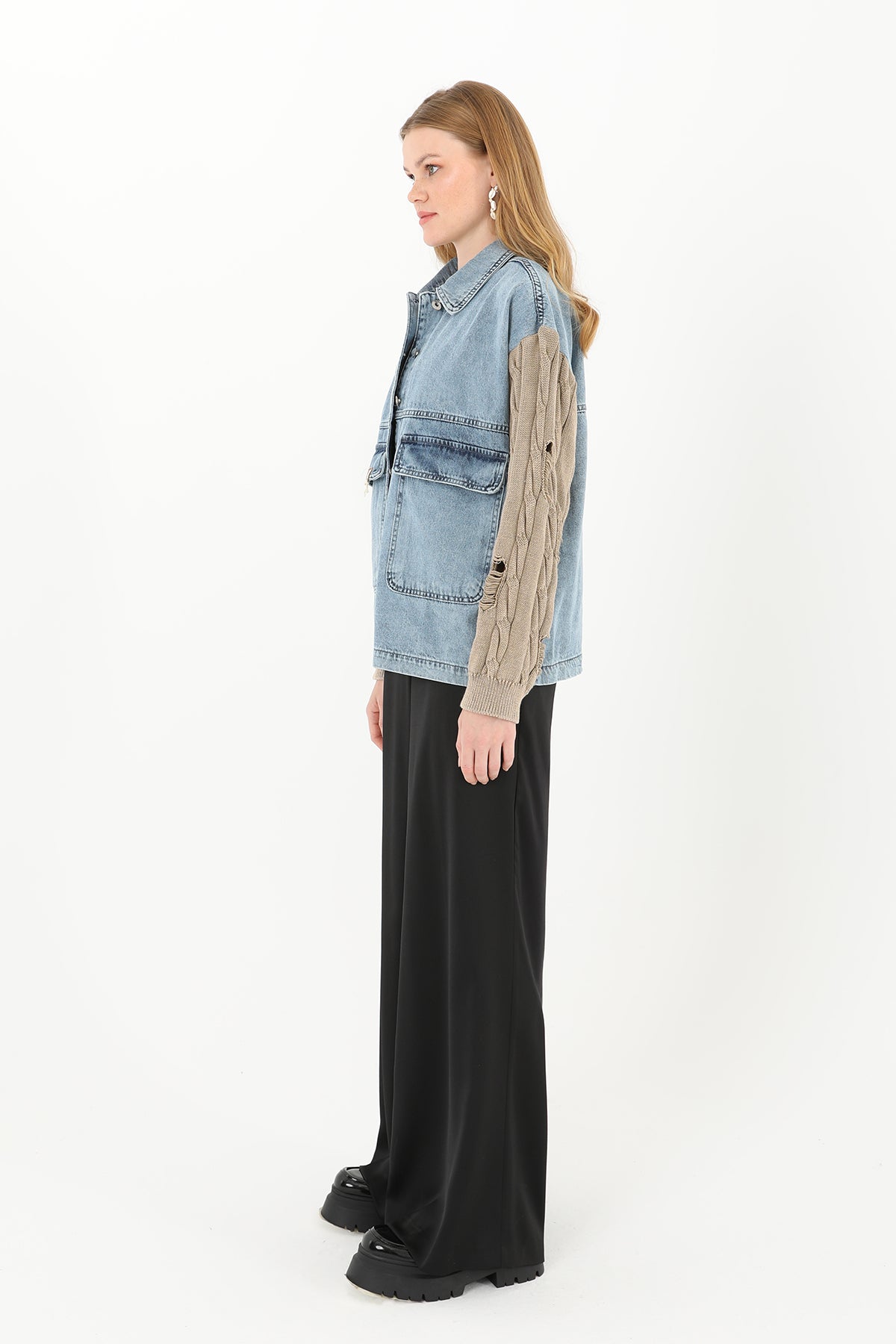 Kadın Triko Kol Detaylı Denim Ceket -32041CKT MINK-LIGHT BLUE