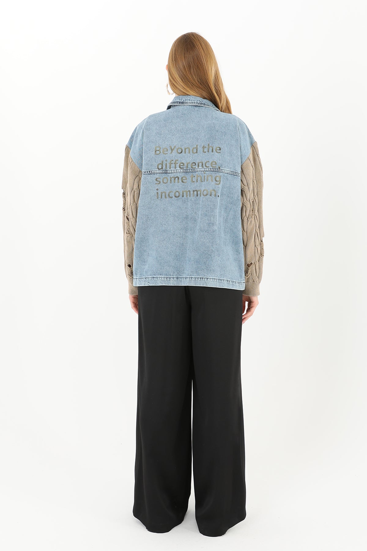 Kadın Triko Kol Detaylı Denim Ceket -32041CKT MINK-LIGHT BLUE