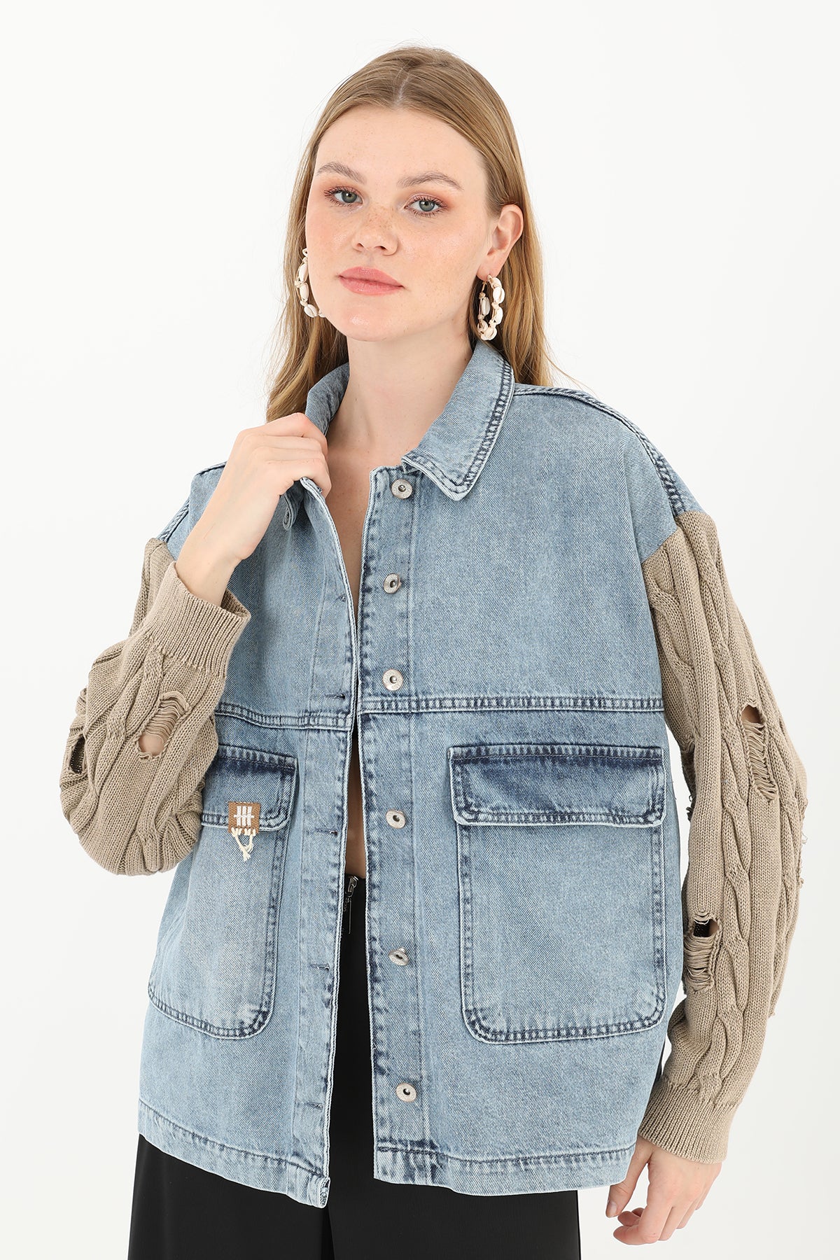 Kadın Triko Kol Detaylı Denim Ceket -32041CKT MINK-LIGHT BLUE