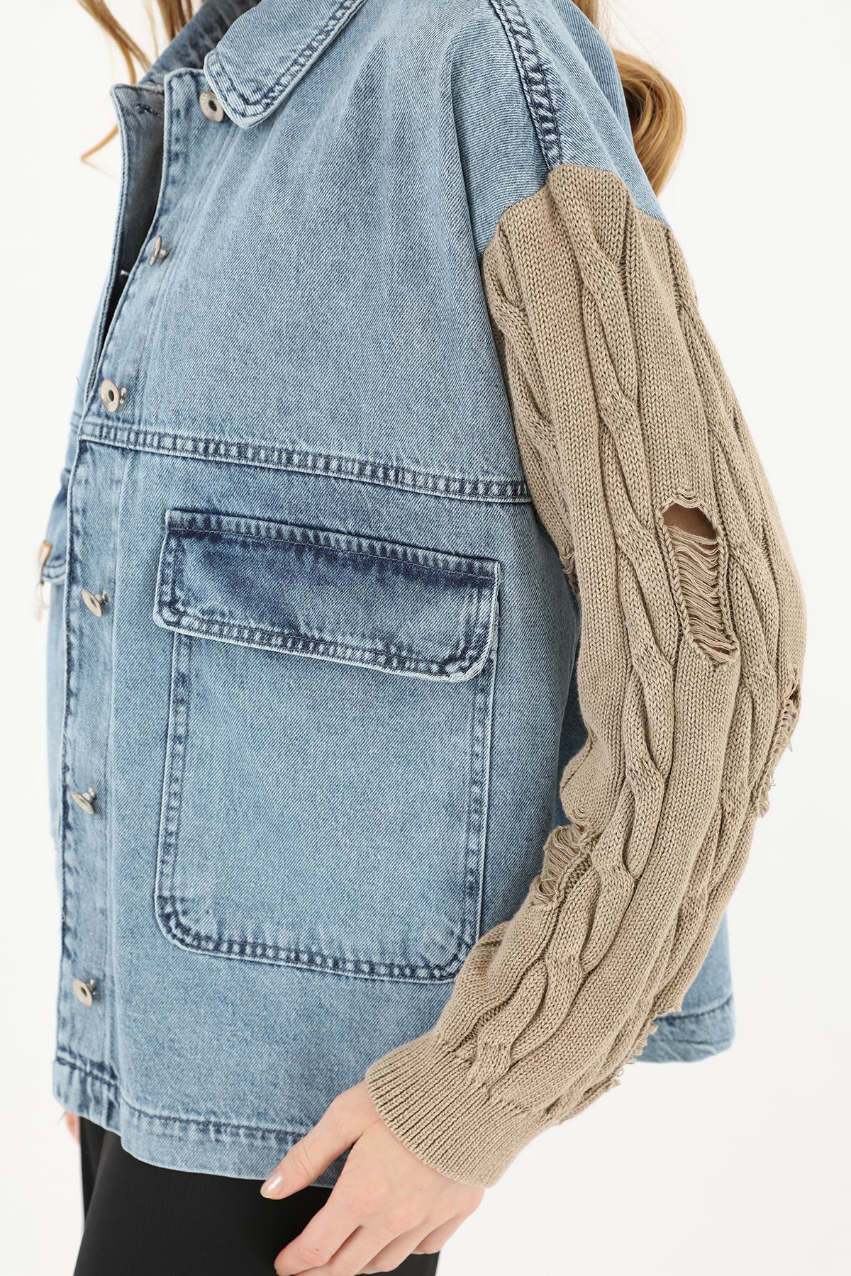 Kadın Triko Kol Detaylı Denim Ceket -32041CKT MINK-LIGHT BLUE